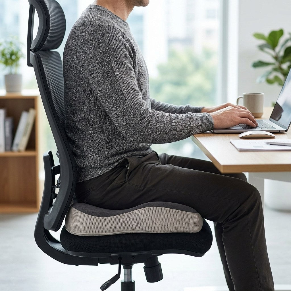 A person working at a desk sitting on the Ovva seat cushion