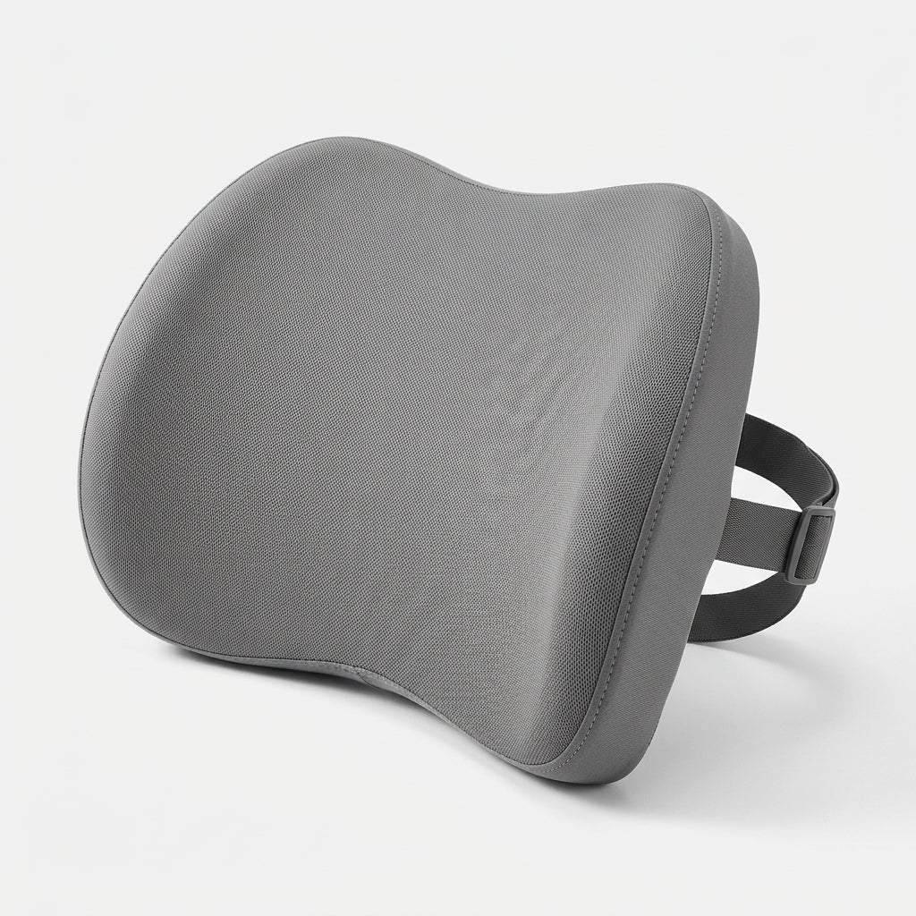 Ovva lumbar support pillow in grey memory foam with adjustable strap